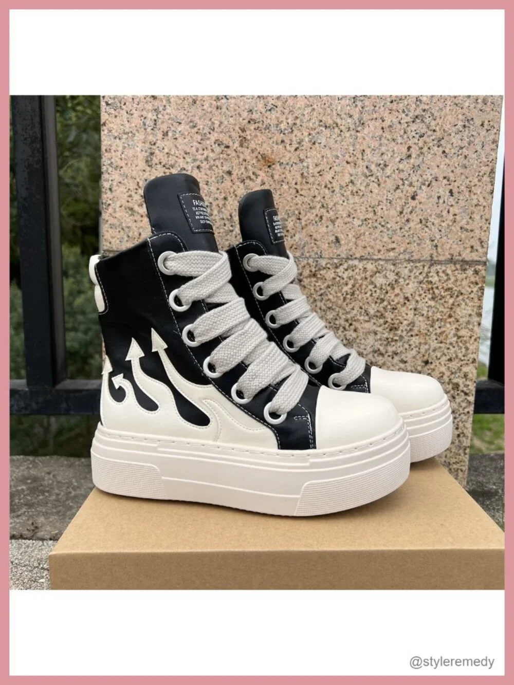 Unisex Flame Round Toe Platform Chunky Heels Sneakers Vegan PU Leather High Top